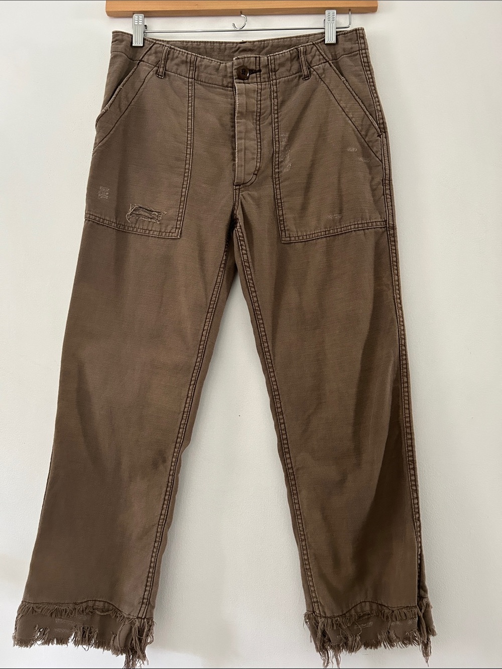 Free People Raw Hem Pants Women's 28 Brown Straight Leg Utility Distressed Chic